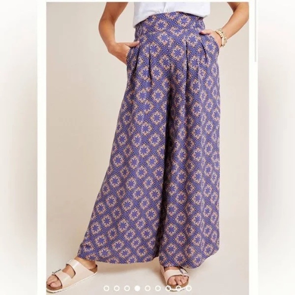 Anthropologie Blue and Gold Patterned Wide-Leg Pants